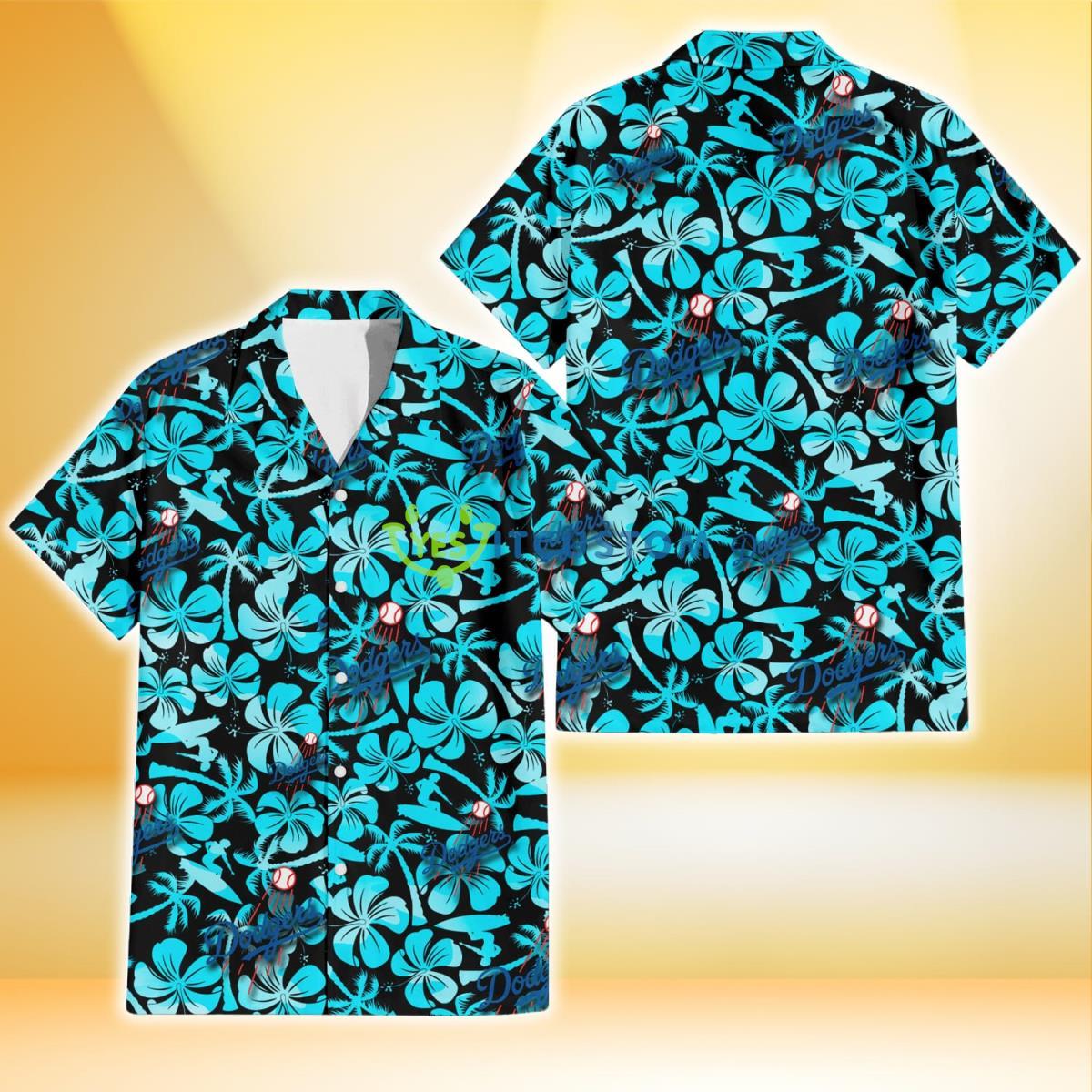 Los Angeles Dodgers Blue Hibiscus Blue Coconut Tree Black Background 3D Hawaiian Shirt Gift For Fans Gift For Fans Product Photo 1