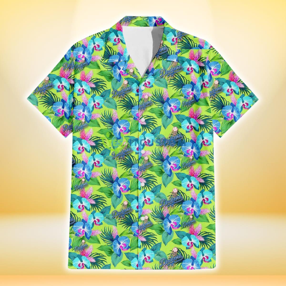 Los Angeles Dodgers Blue Orchid Green Pink Leaf Green Background 3D Hawaiian Shirt Gift For Fans Gift For Fans Product Photo 2
