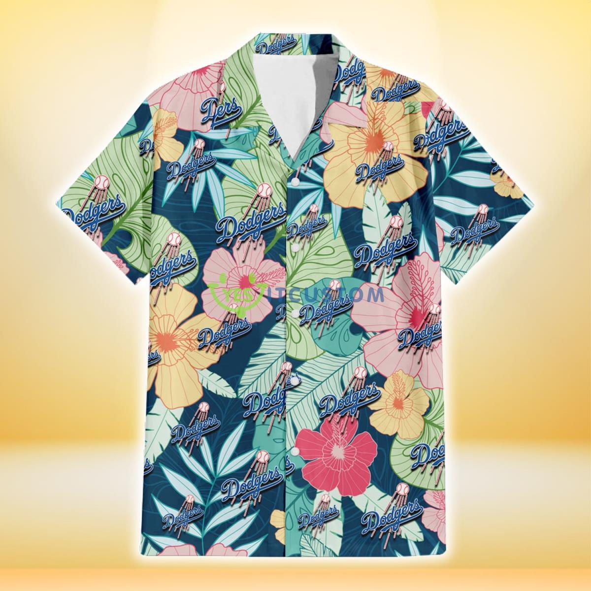 Los Angeles Dodgers Colorful Sketch Hibiscus Dark Green Background 3D Hawaiian Shirt Gift For Fans Gift For Fans Product Photo 2