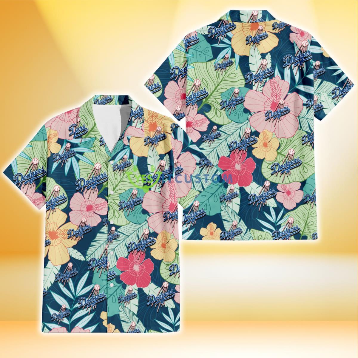 Los Angeles Dodgers Colorful Sketch Hibiscus Dark Green Background 3D Hawaiian Shirt Gift For Fans Gift For Fans Product Photo 1