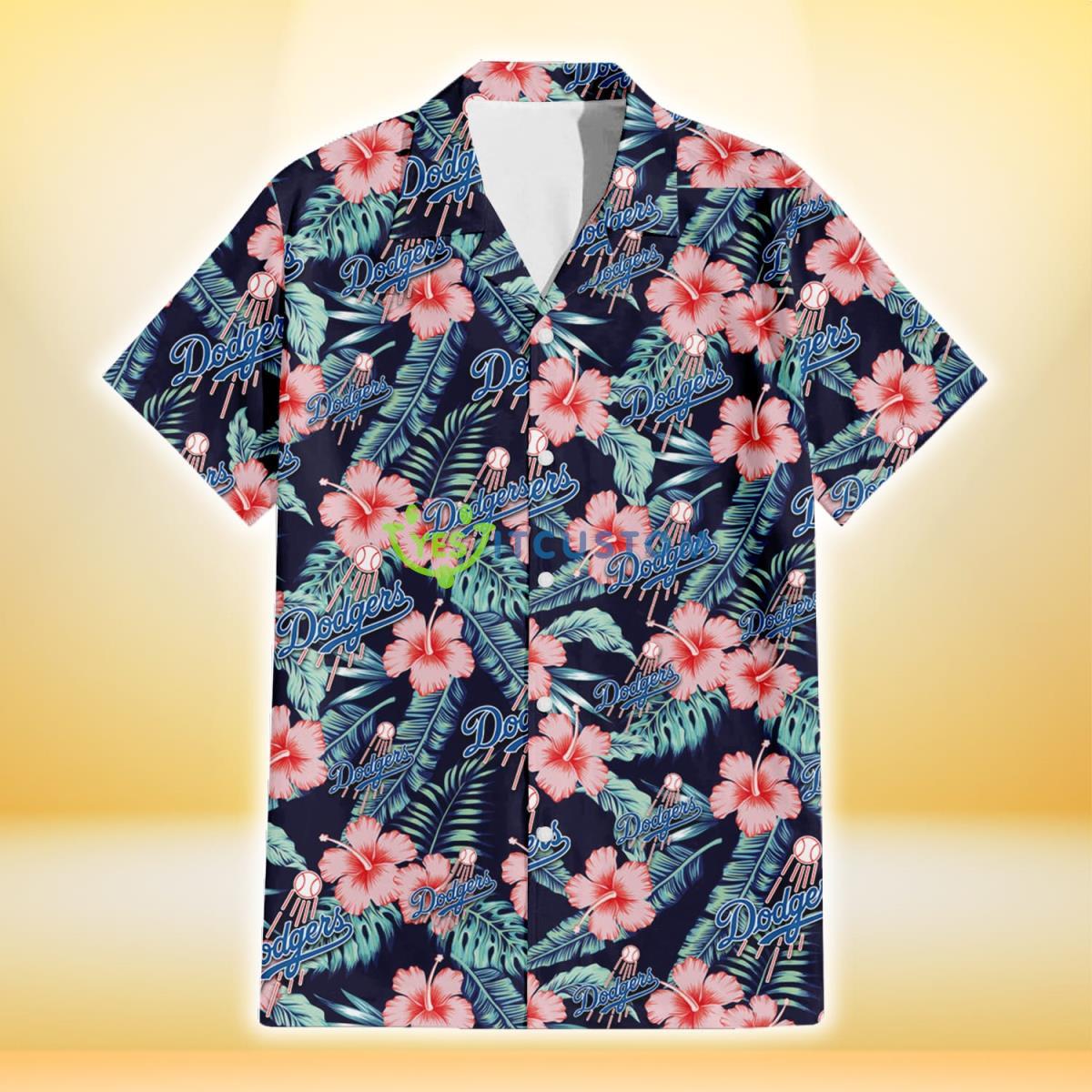 Los Angeles Dodgers Coral Hibiscus Green Banana Leaf Black Background 3D Hawaiian Shirt Gift For Fans Gift For Fans Product Photo 2