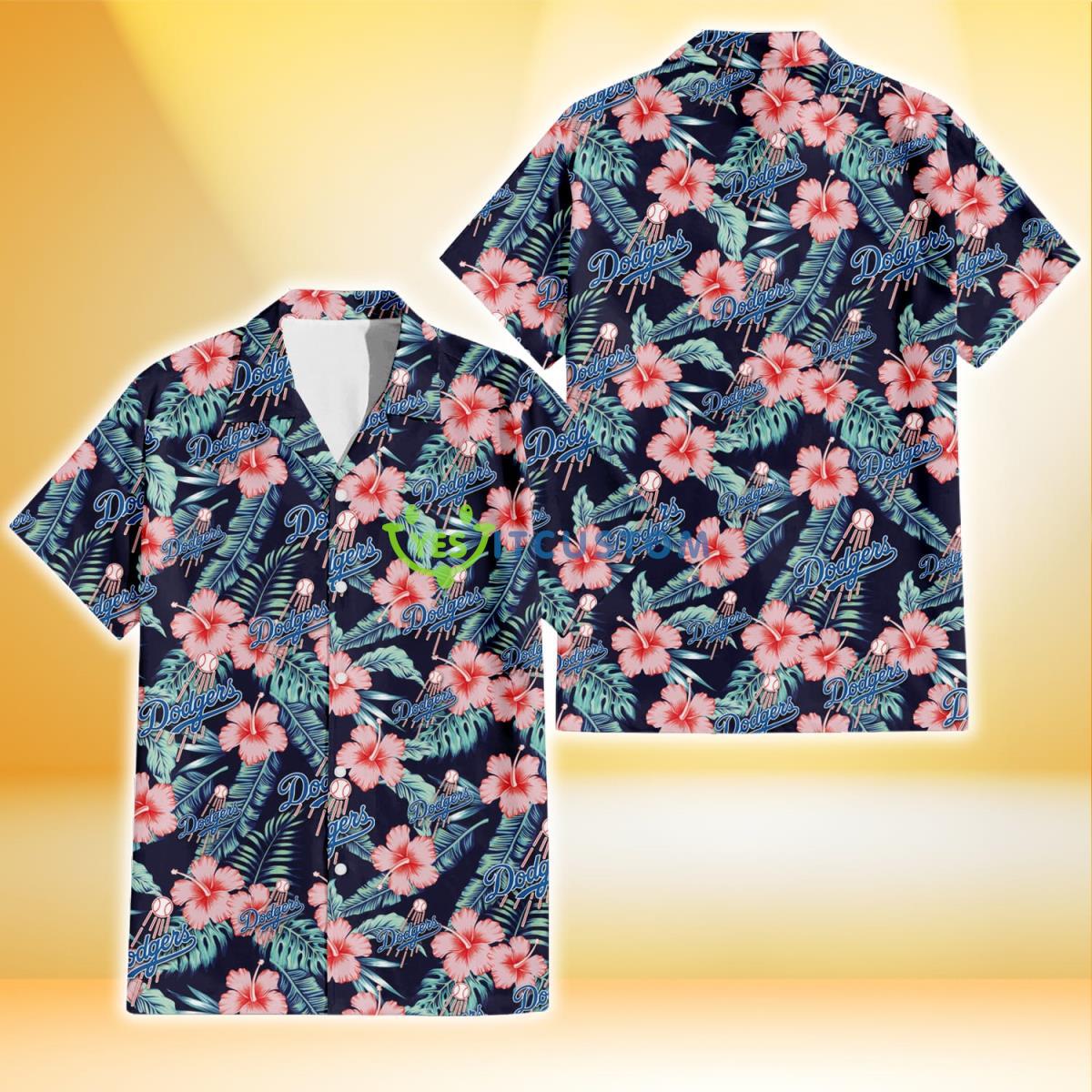Los Angeles Dodgers Coral Hibiscus Green Banana Leaf Black Background 3D Hawaiian Shirt Gift For Fans Gift For Fans Product Photo 1