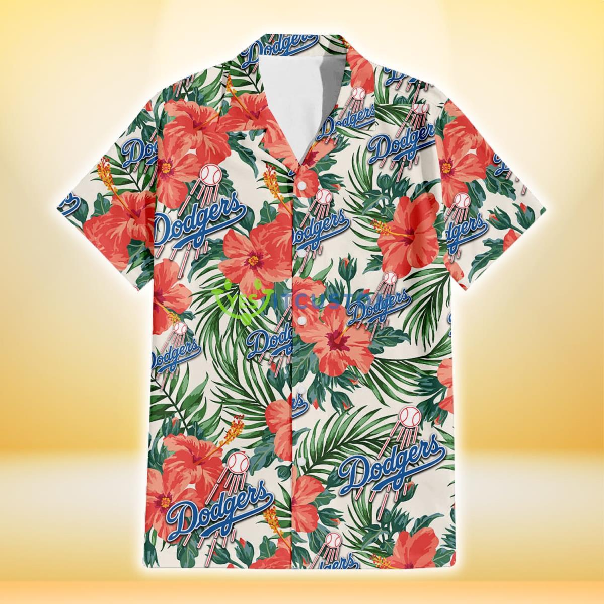 Los Angeles Dodgers Coral Hibiscus Green Leaf Beige Background 3D Hawaiian Shirt Gift For Fans Gift For Fans Product Photo 2