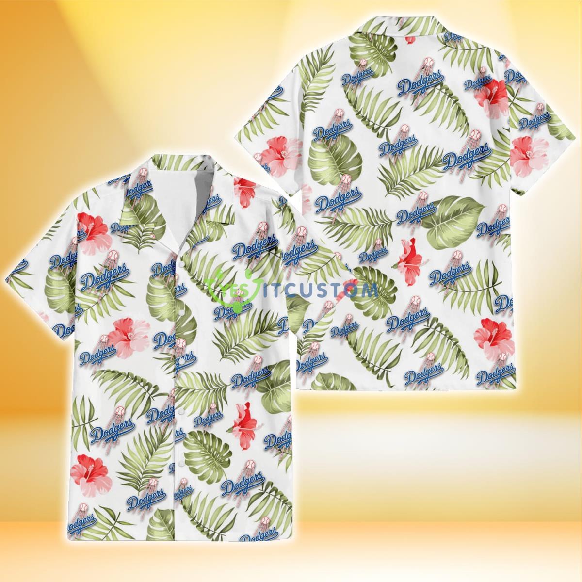 Los Angeles Dodgers Light Salmon Hibiscus Green Leaf White Background 3D Hawaiian Shirt Gift For Fans Gift For Fans Product Photo 1