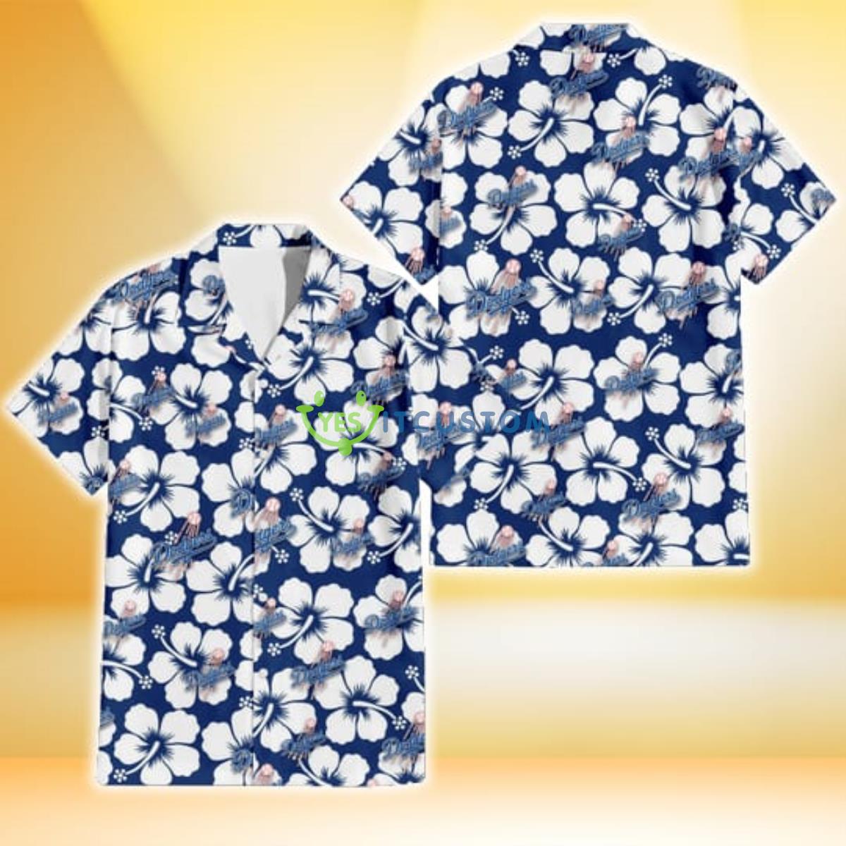 Los Angeles Dodgers Modern White Hibiscus Navy Background 3D Hawaiian Shirt Gift For Fans Gift For Fans Product Photo 1