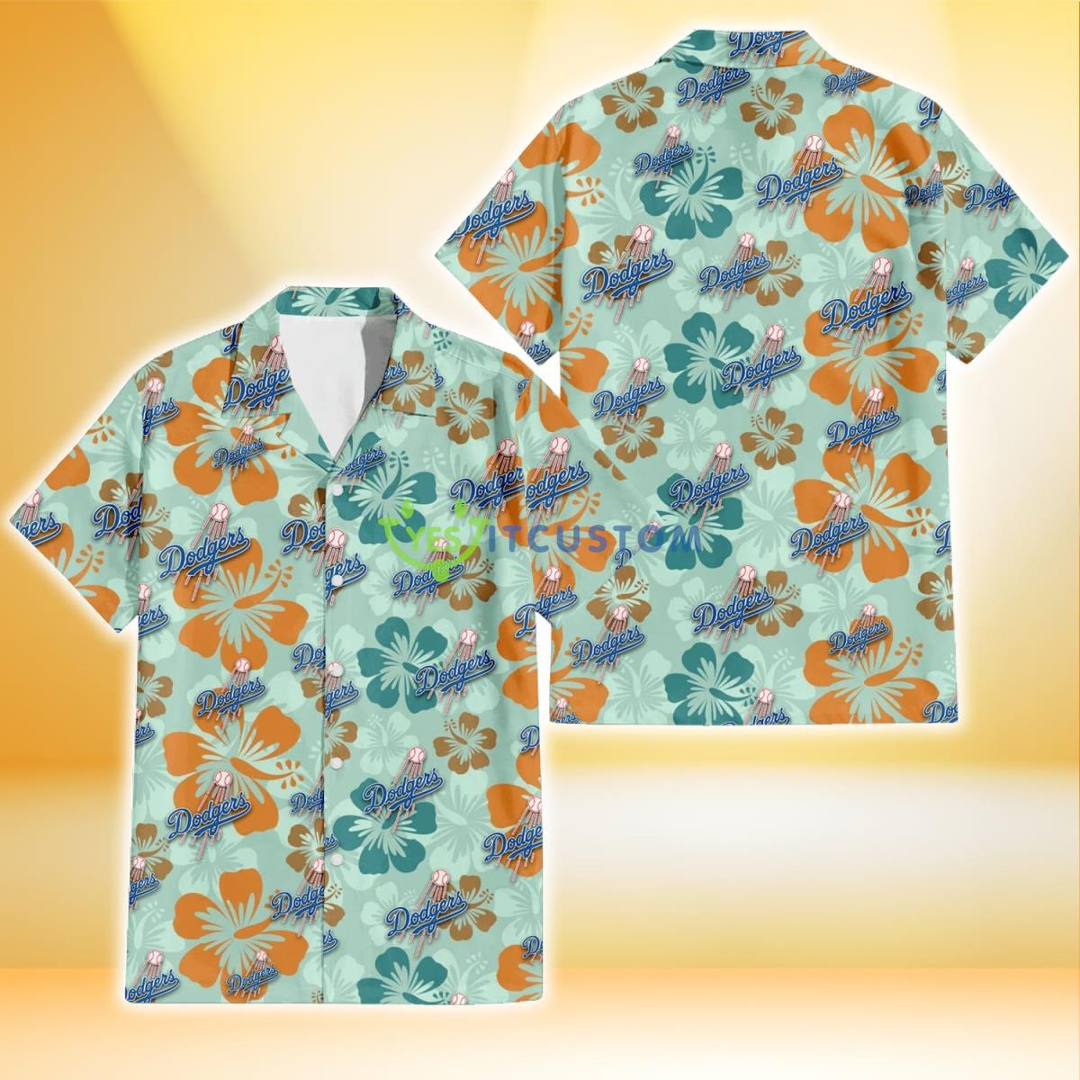 Los Angeles Dodgers Orange Green Hibiscus Pale Green Background 3D Hawaiian Shirt Gift For Fans Gift For Fans Product Photo 1