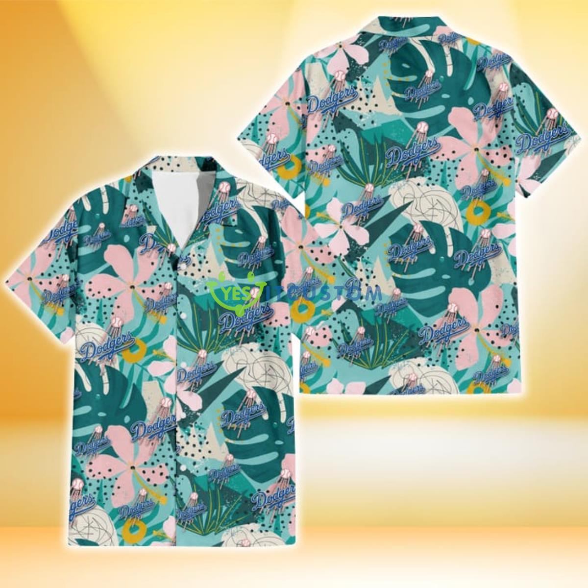 Los Angeles Dodgers Pastel Hibiscus Palm Leaf Tiny Dot Green Background 3D Hawaiian Shirt Gift For Fans Gift For Fans Product Photo 1