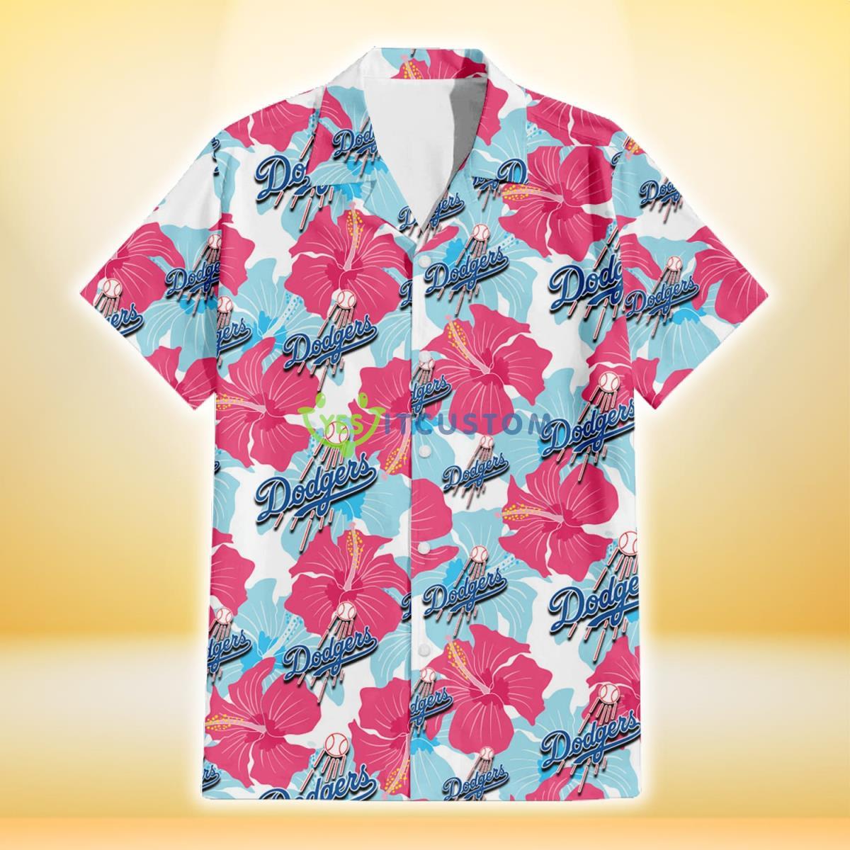 Los Angeles Dodgers Pink Blue Hibiscus White Background 3D Hawaiian Shirt Gift For Fans Gift For Fans Product Photo 2