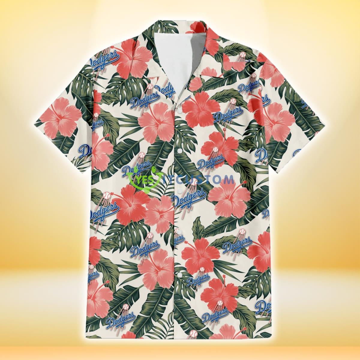 Los Angeles Dodgers Pink Coral Hibiscus Banana Leaf Beige Background 3D Hawaiian Shirt Gift For Fans Gift For Fans Product Photo 2