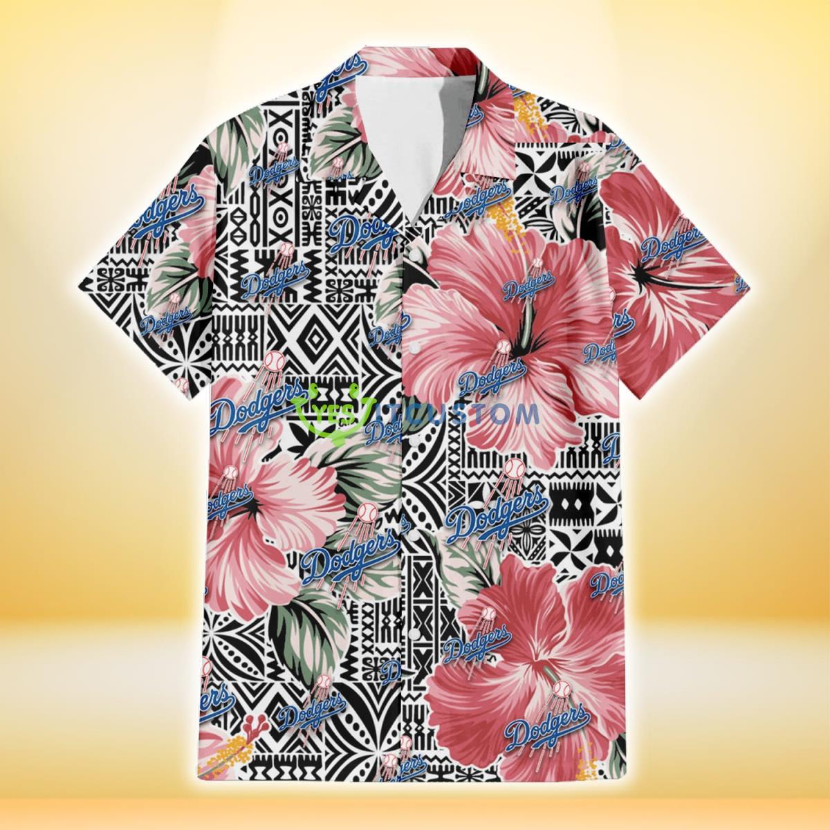 Los Angeles Dodgers Pink Hibiscus Black Pattern White Background 3D Hawaiian Shirt Gift For Fans Gift For Fans Product Photo 2