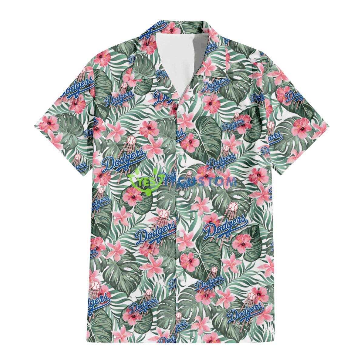 Los Angeles Dodgers Pink Hibiscus Porcelain Flower Tropical Leaf White Background 3D Hawaiian Shirt Gift For Fans Gift For Fans Product Photo 2
