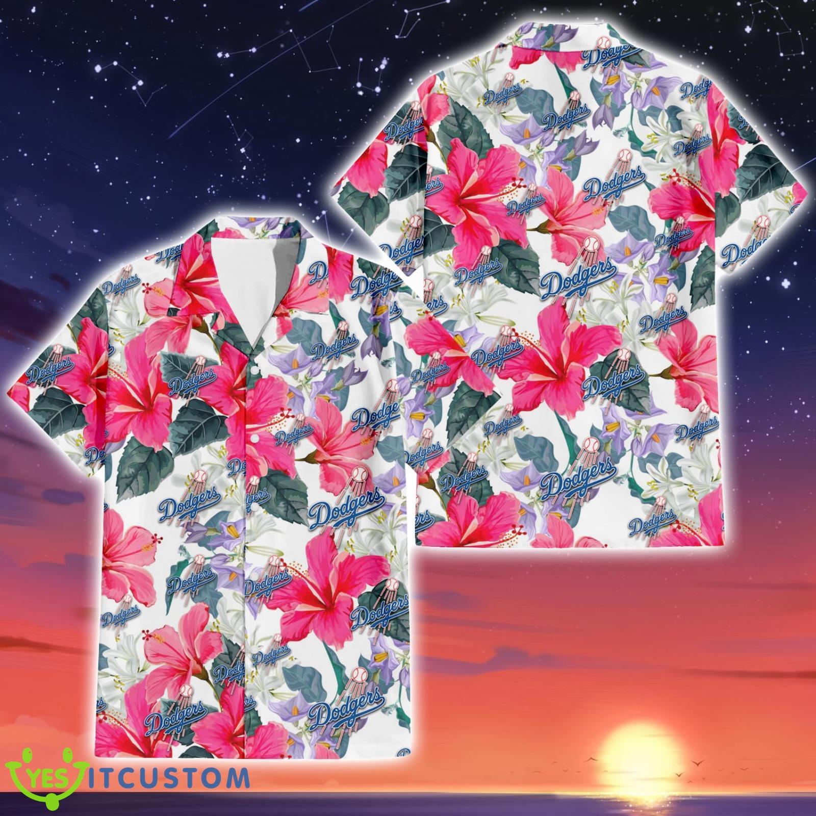 Los Angeles Dodgers Pink Hibiscus White Orchid White Pattern 3D Hawaiian Shirt For Fans Product Photo 1
