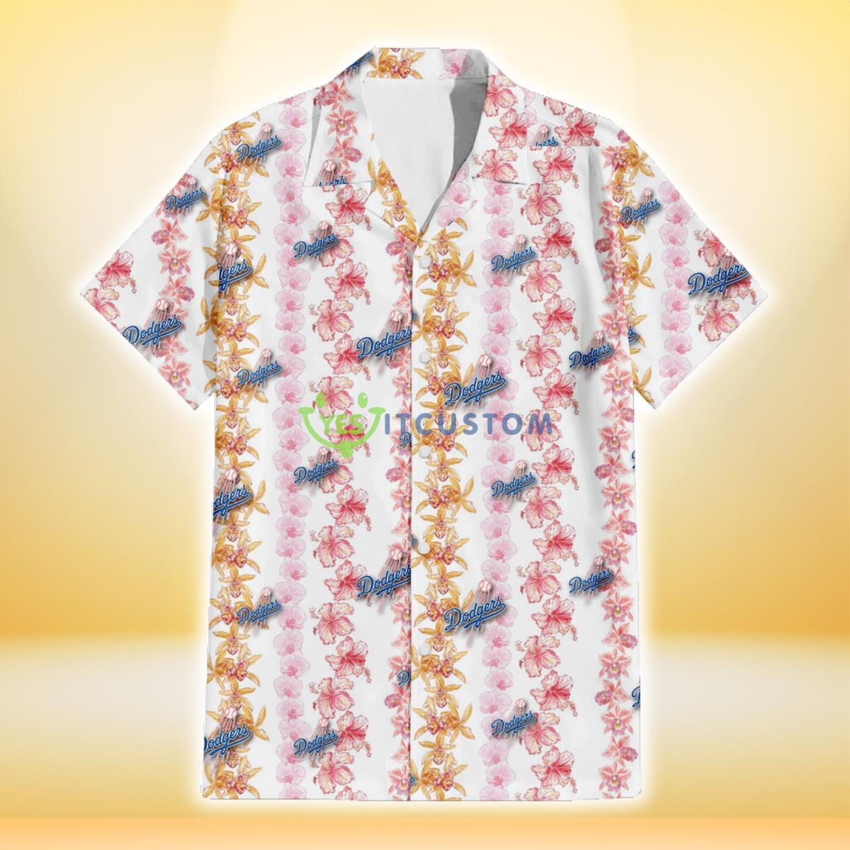 Los Angeles Dodgers Pink Hibiscus Yellow Pink Orchid White Background 3D Hawaiian Shirt Gift For Fans Gift For Fans Product Photo 2