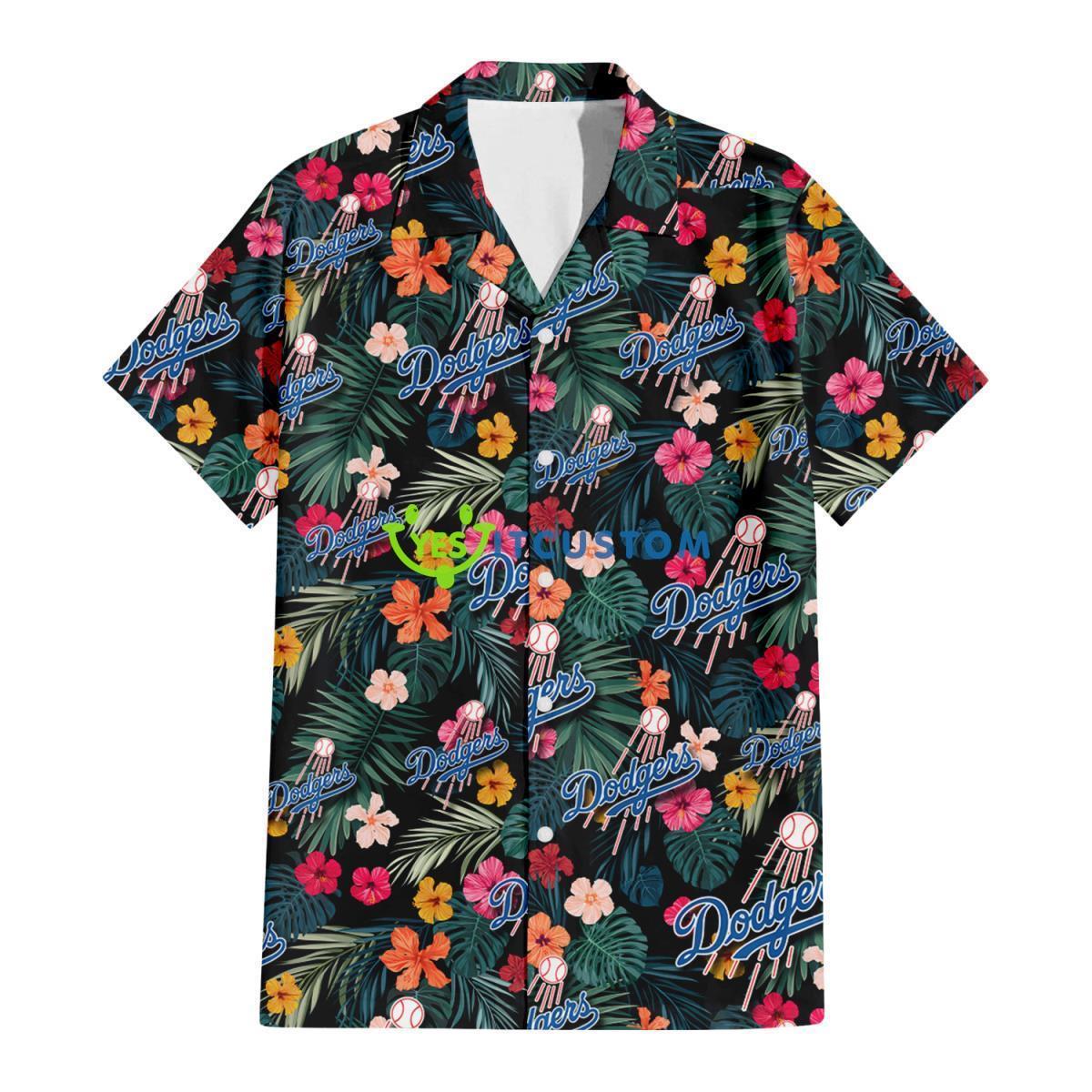 Los Angeles Dodgers Pink Yellow Orange Hibiscus Big Tropical Leaf Black Background 3D Hawaiian Shirt Gift For Fans Gift For Fans Product Photo 2