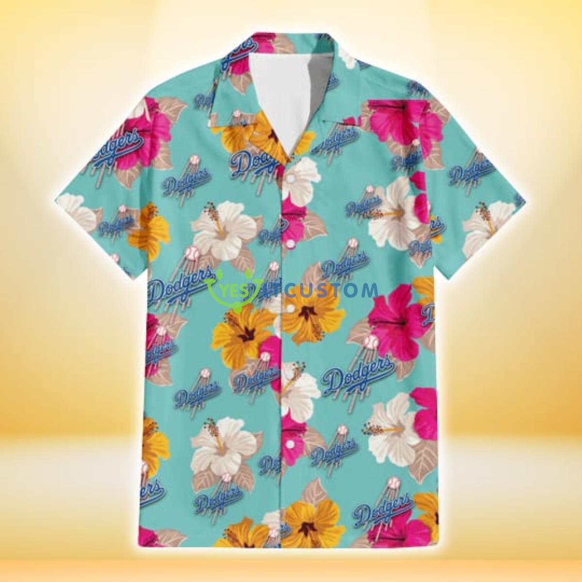 Los Angeles Dodgers Pink Yellow White Hibiscus Turquoise Background 3D Hawaiian Shirt Gift For Fans Gift For Fans Product Photo 2