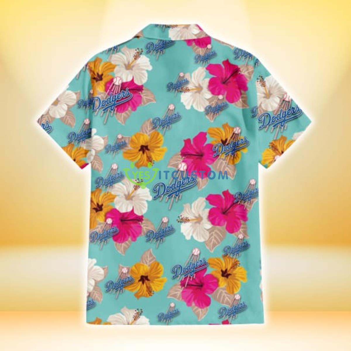 Los Angeles Dodgers Pink Yellow White Hibiscus Turquoise Background 3D Hawaiian Shirt Gift For Fans Gift For Fans 3 Los Angeles Dodgers Pink Yellow White Hibiscus Turquoise Background 3D Hawaiian Shirt Gift For Fans Gift For Fans Product Photo 3