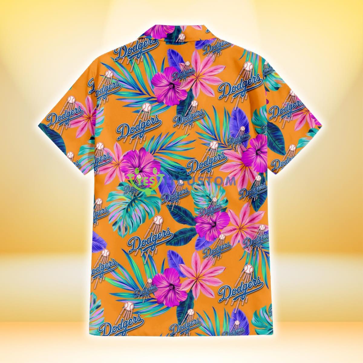 Los Angeles Dodgers Purple Hibiscus Neon Leaf Orange Background 3D Hawaiian Shirt Gift For Fans Gift For Fans 3 Los Angeles Dodgers Purple Hibiscus Neon Leaf Orange Background 3D Hawaiian Shirt Gift For Fans Gift For Fans Product Photo 3