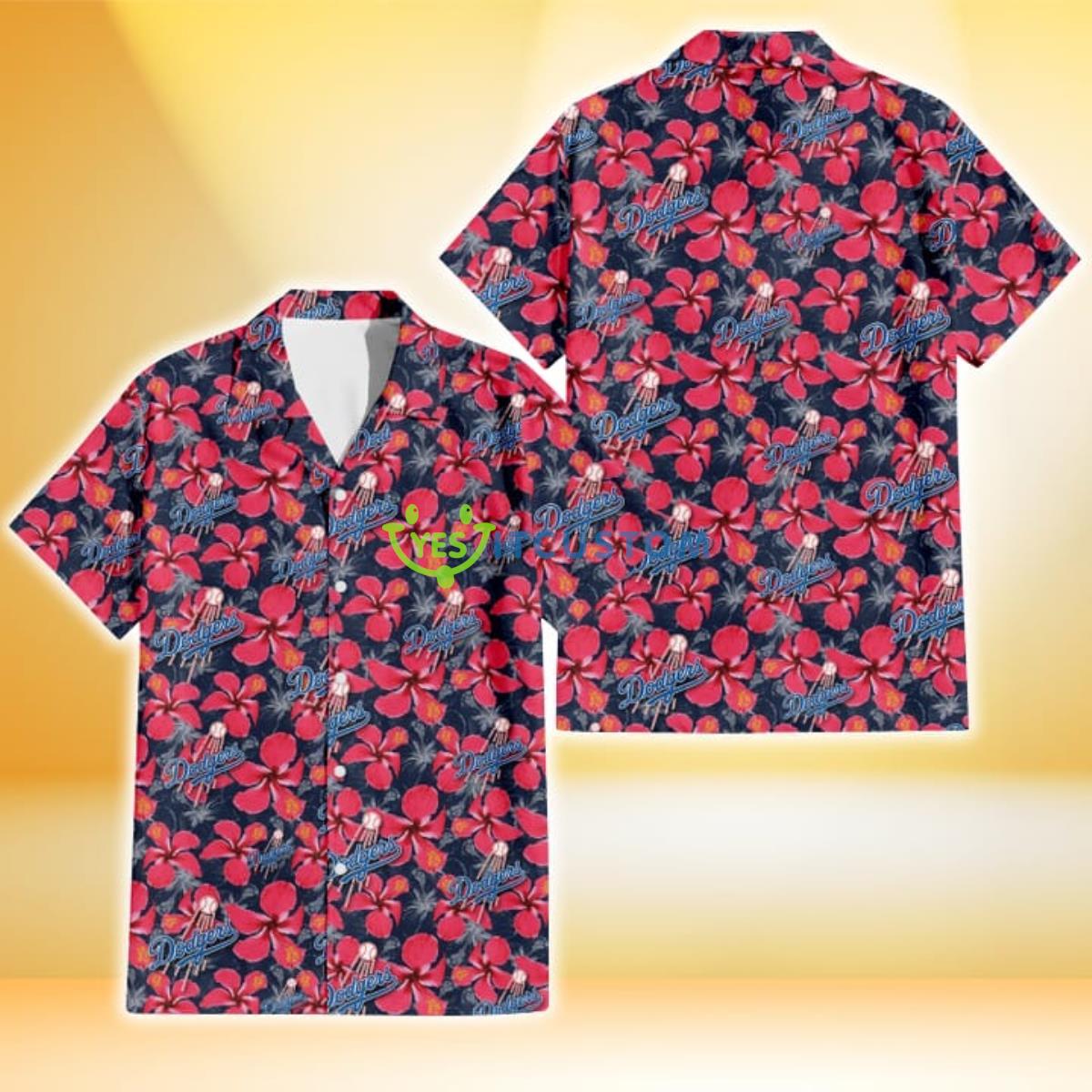 Los Angeles Dodgers Red Hibiscus Dark Gray Background 3D Hawaiian Shirt Gift For Fans Gift For Fans Product Photo 1