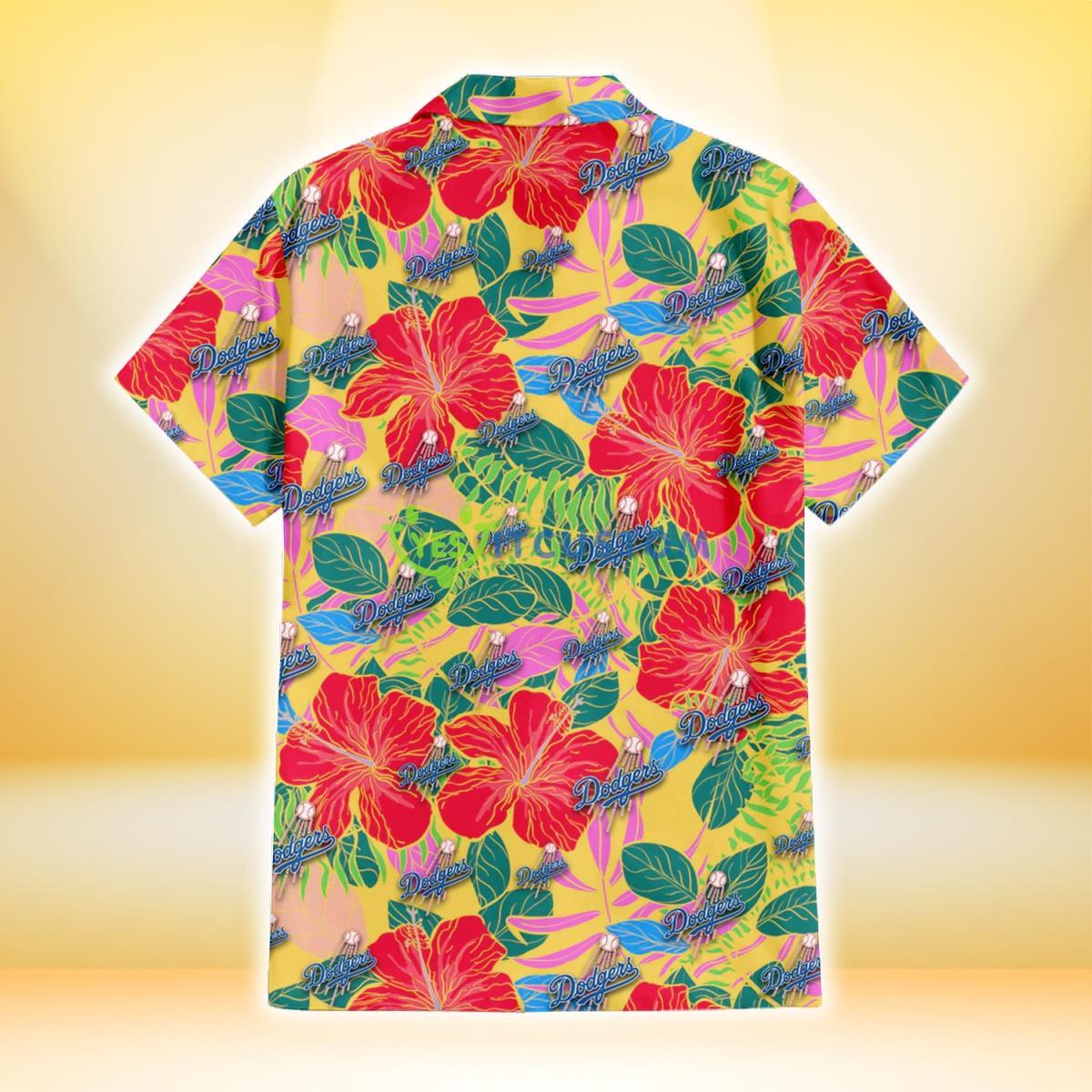 Los Angeles Dodgers Red Hibiscus Green Blue Leaf Yellow Background 3D Hawaiian Shirt Gift For Fans Gift For Fans 3 Los Angeles Dodgers Red Hibiscus Green Blue Leaf Yellow Background 3D Hawaiian Shirt Gift For Fans Gift For Fans Product Photo 3
