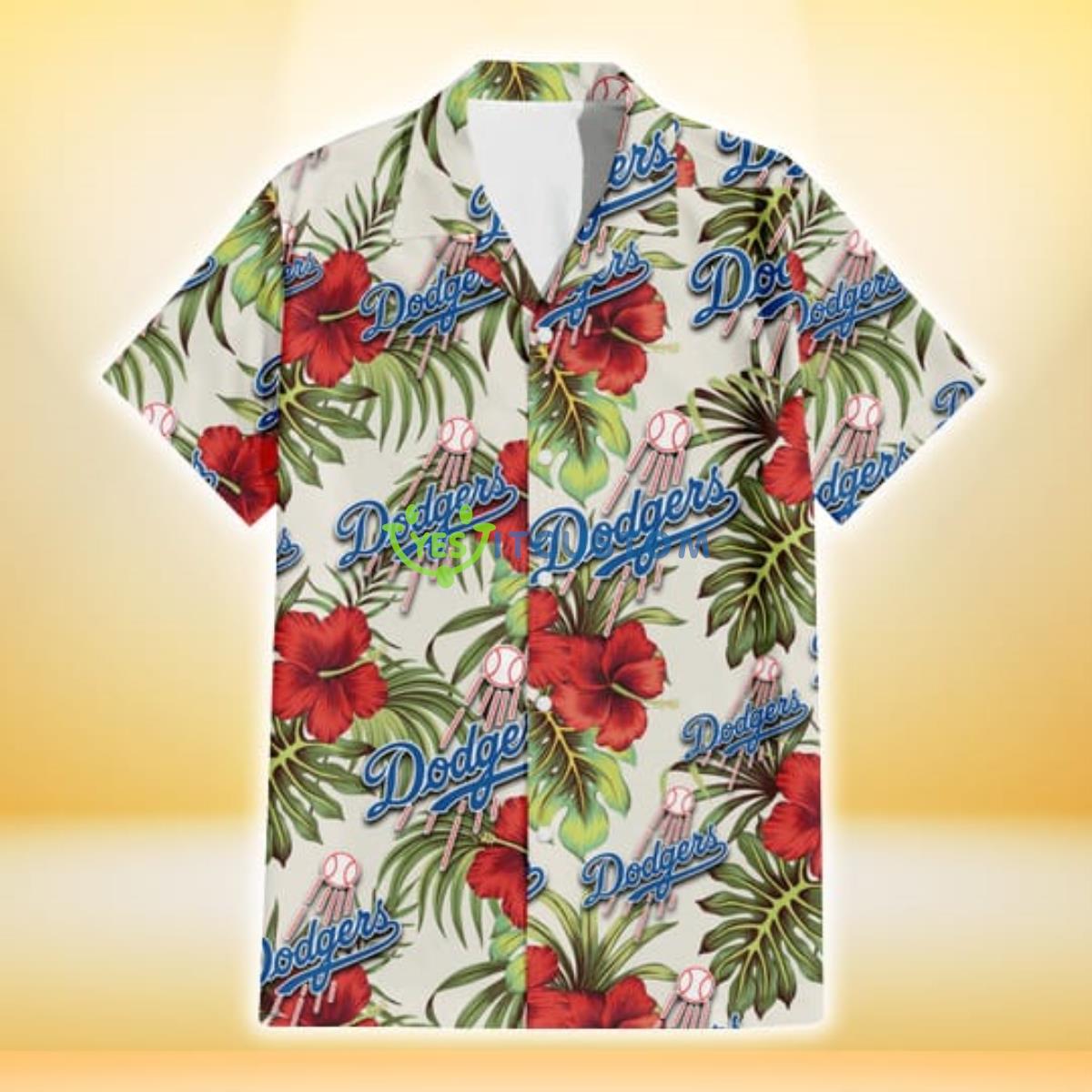 Los Angeles Dodgers Red Hibiscus Green Tropical Leaf Cream Background 3D Hawaiian Shirt Gift For Fans Gift For Fans Product Photo 2