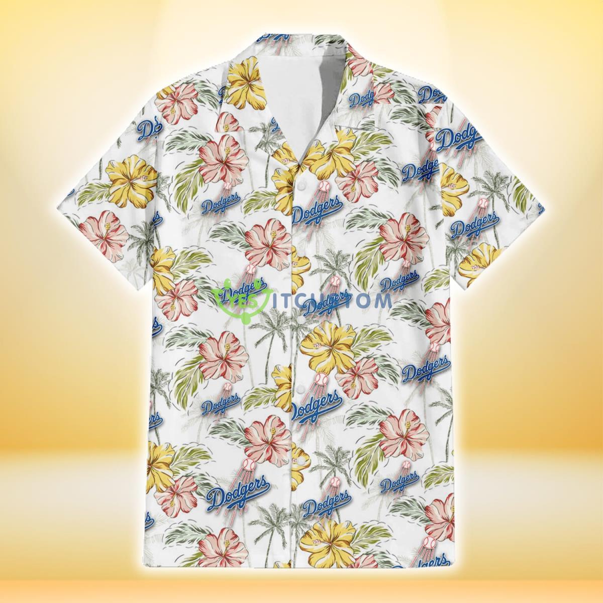 Los Angeles Dodgers Sketch Red Yellow Coconut Tree White Background 3D Hawaiian Shirt Gift For Fans Gift For Fans Product Photo 2