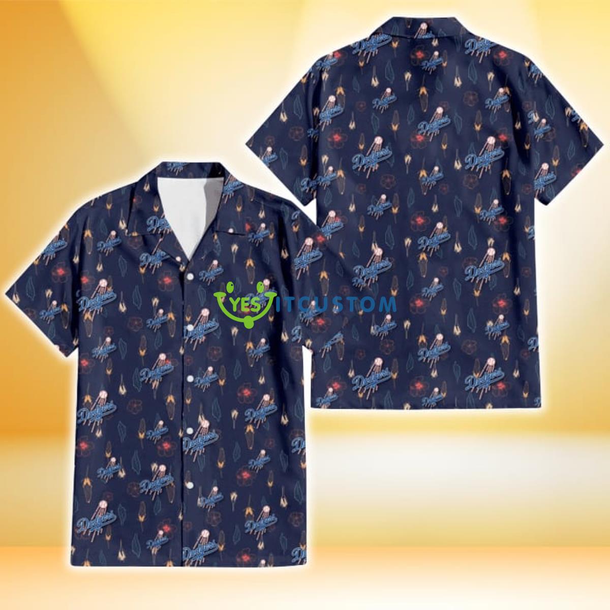 Los Angeles Dodgers Small Hibiscus Buds Navy Background 3D Hawaiian Shirt Gift For Fans Gift For Fans Product Photo 1