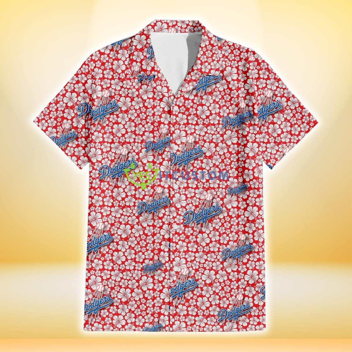 Los Angeles Dodgers Tiny White Hibiscus Pattern Red Background 3D Hawaiian Shirt Gift For Fans Gift For Fans Product Photo 2