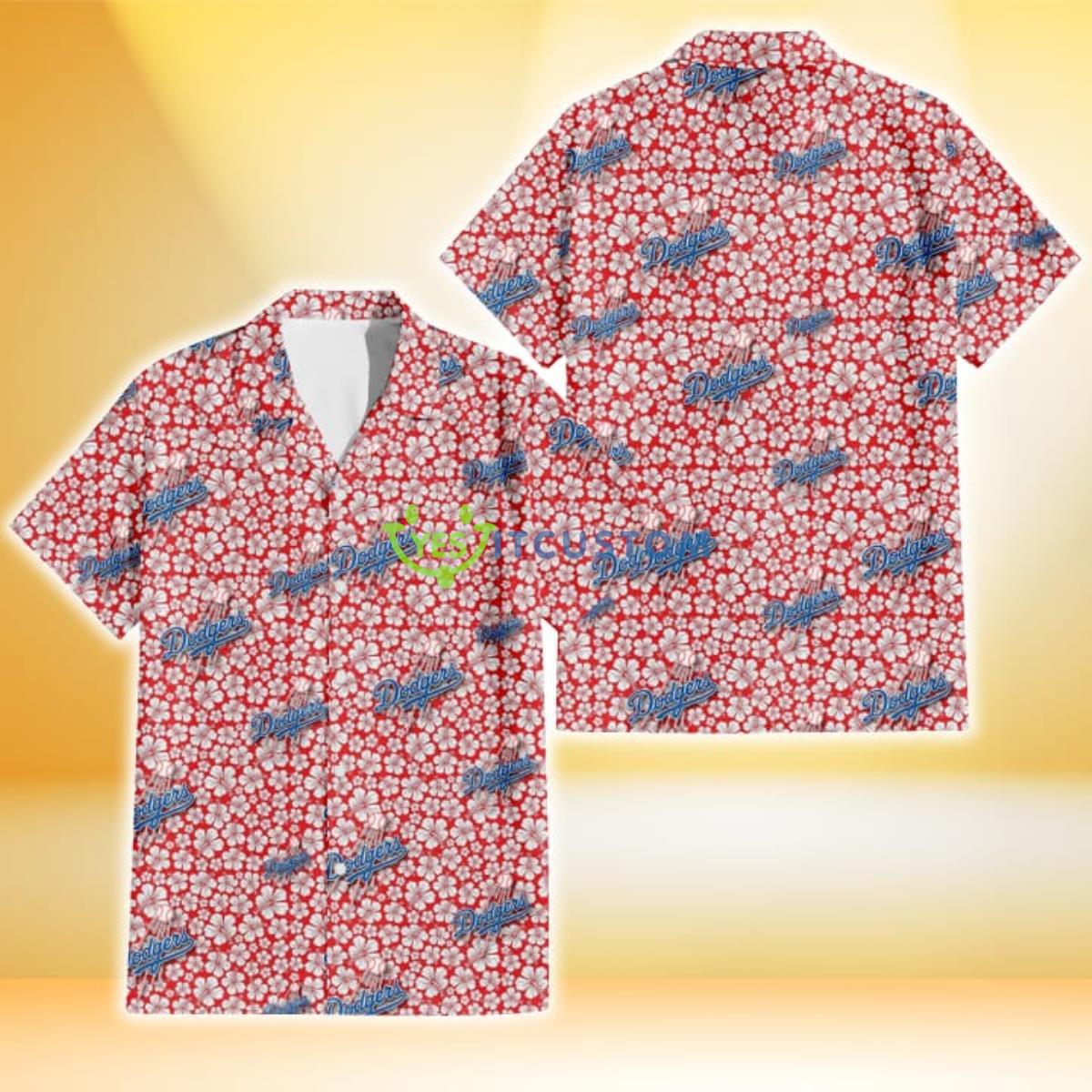 Los Angeles Dodgers Tiny White Hibiscus Pattern Red Background 3D Hawaiian Shirt Gift For Fans Gift For Fans Product Photo 1