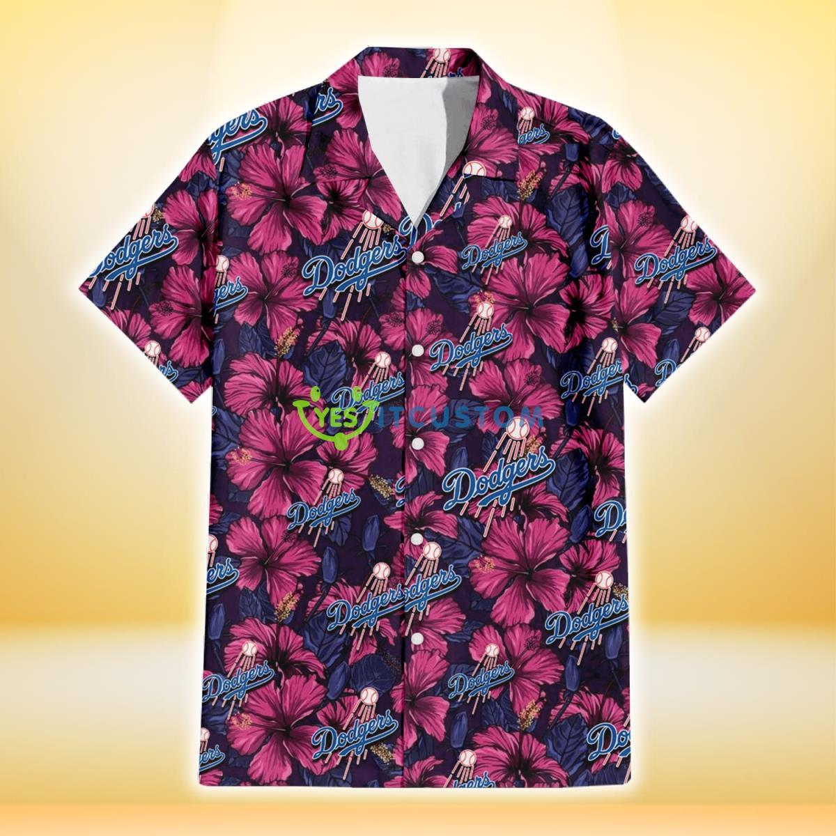 Los Angeles Dodgers Violet Red Blue Leaf Black Background 3D Hawaiian Shirt Gift For Fans Gift For Fans Product Photo 2
