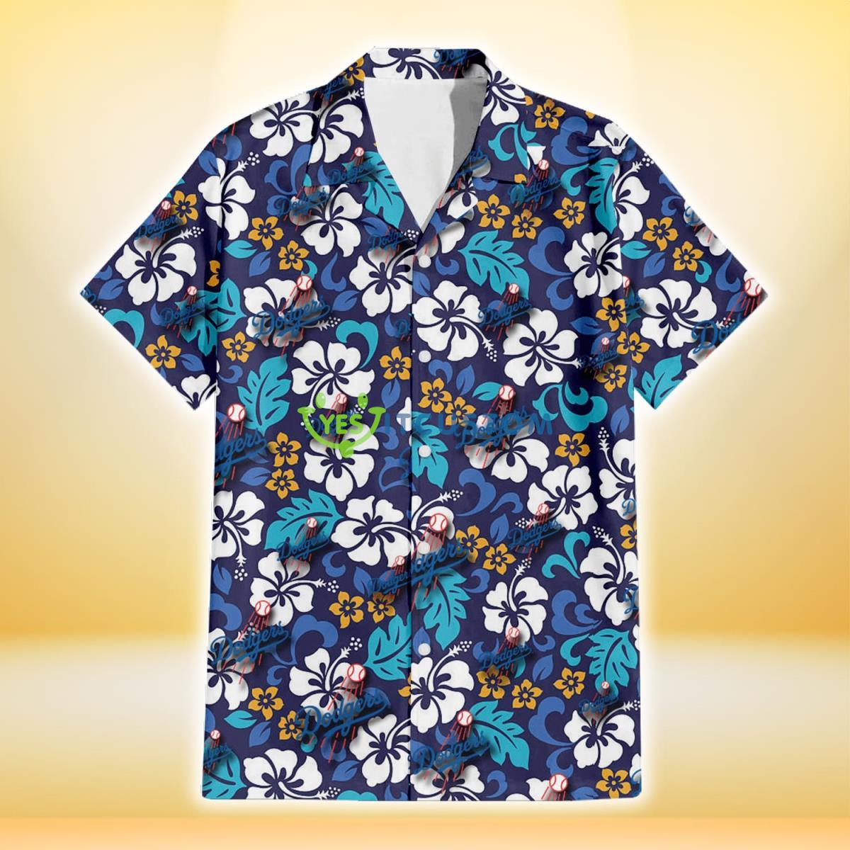 Los Angeles Dodgers White Hibiscus Ceramic Style Navy Background 3D Hawaiian Shirt Gift For Fans Gift For Fans Product Photo 2