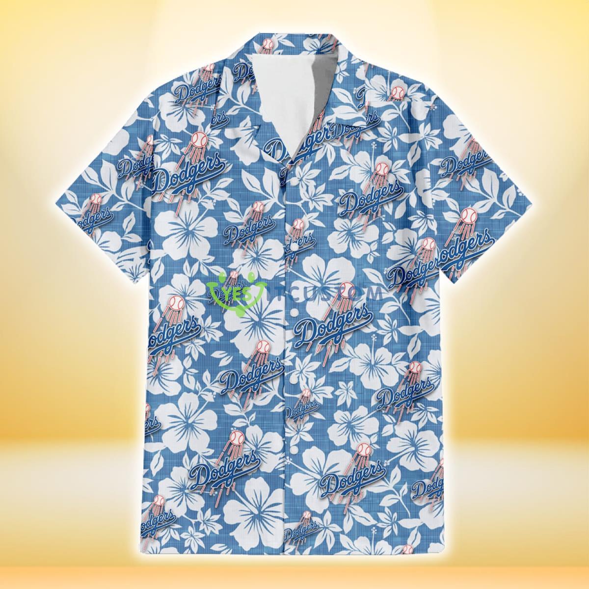 Los Angeles Dodgers White Hibiscus Light Blue Texture Background 3D Hawaiian Shirt Gift For Fans Gift For Fans Product Photo 2