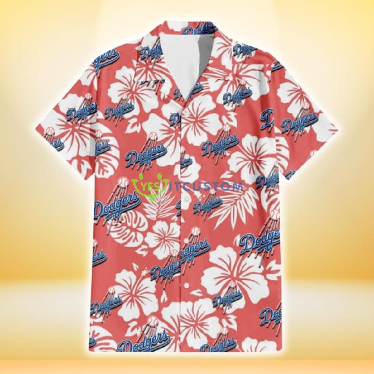 Los Angeles Dodgers White Hibiscus Salmon Background 3D Hawaiian Shirt Gift For Fans Gift For Fans Product Photo 2