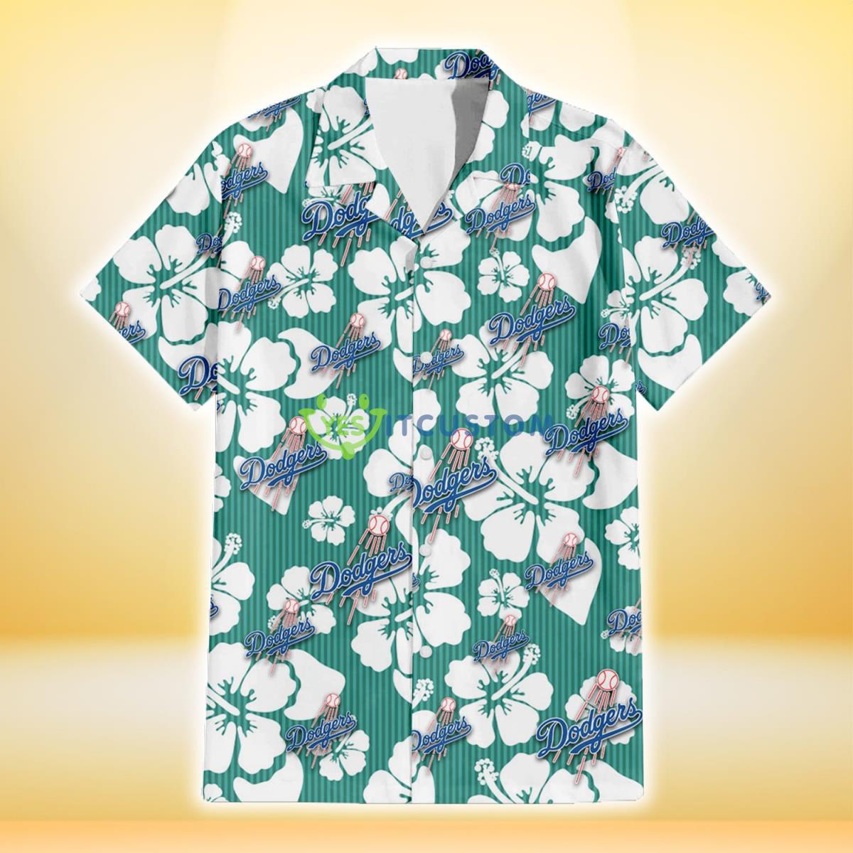 Los Angeles Dodgers White Hibiscus Turquoise Stripe Background 3D Hawaiian Shirt Gift For Fans Gift For Fans Product Photo 2