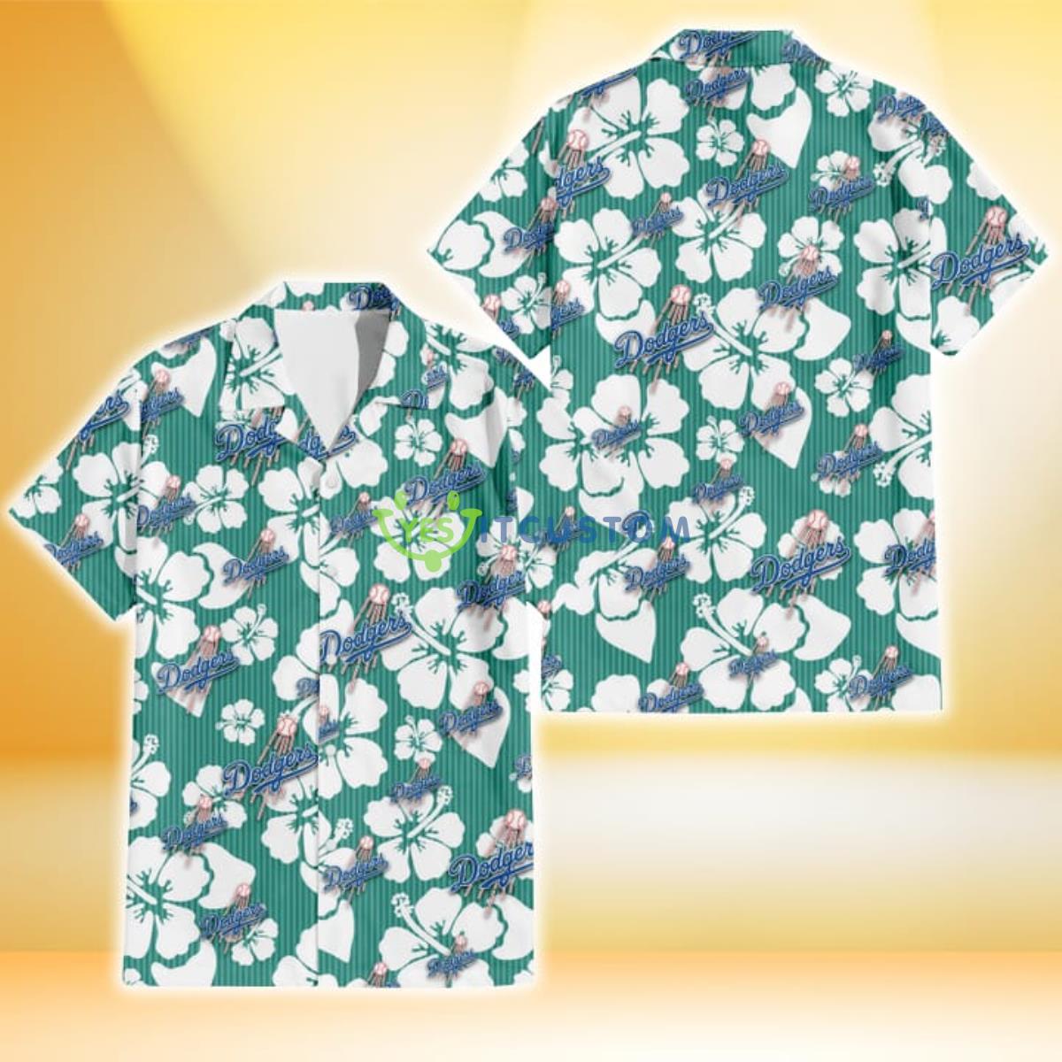 Los Angeles Dodgers White Hibiscus Turquoise Stripe Background 3D Hawaiian Shirt Gift For Fans Gift For Fans Product Photo 1