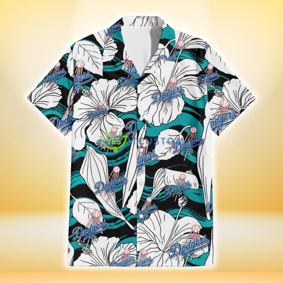 Los Angeles Dodgers White Hibiscus Turquoise Wave Black Background 3D Hawaiian Shirt Gift For Fans Gift For Fans Product Photo 2