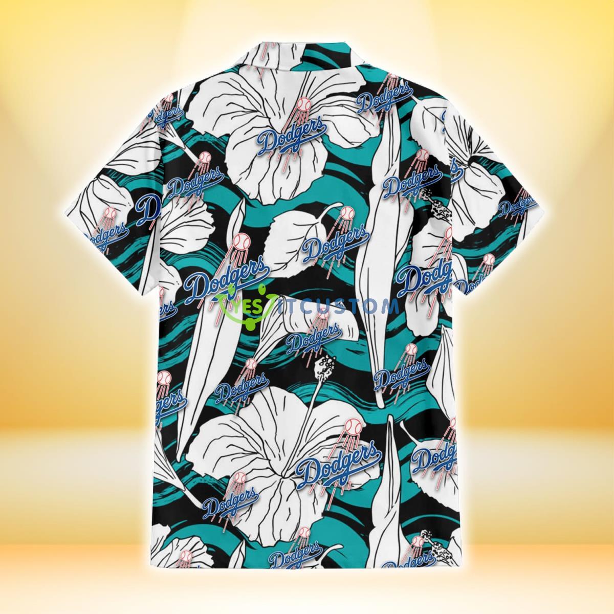 Los Angeles Dodgers White Hibiscus Turquoise Wave Black Background 3D Hawaiian Shirt Gift For Fans Gift For Fans 3 Los Angeles Dodgers White Hibiscus Turquoise Wave Black Background 3D Hawaiian Shirt Gift For Fans Gift For Fans Product Photo 3