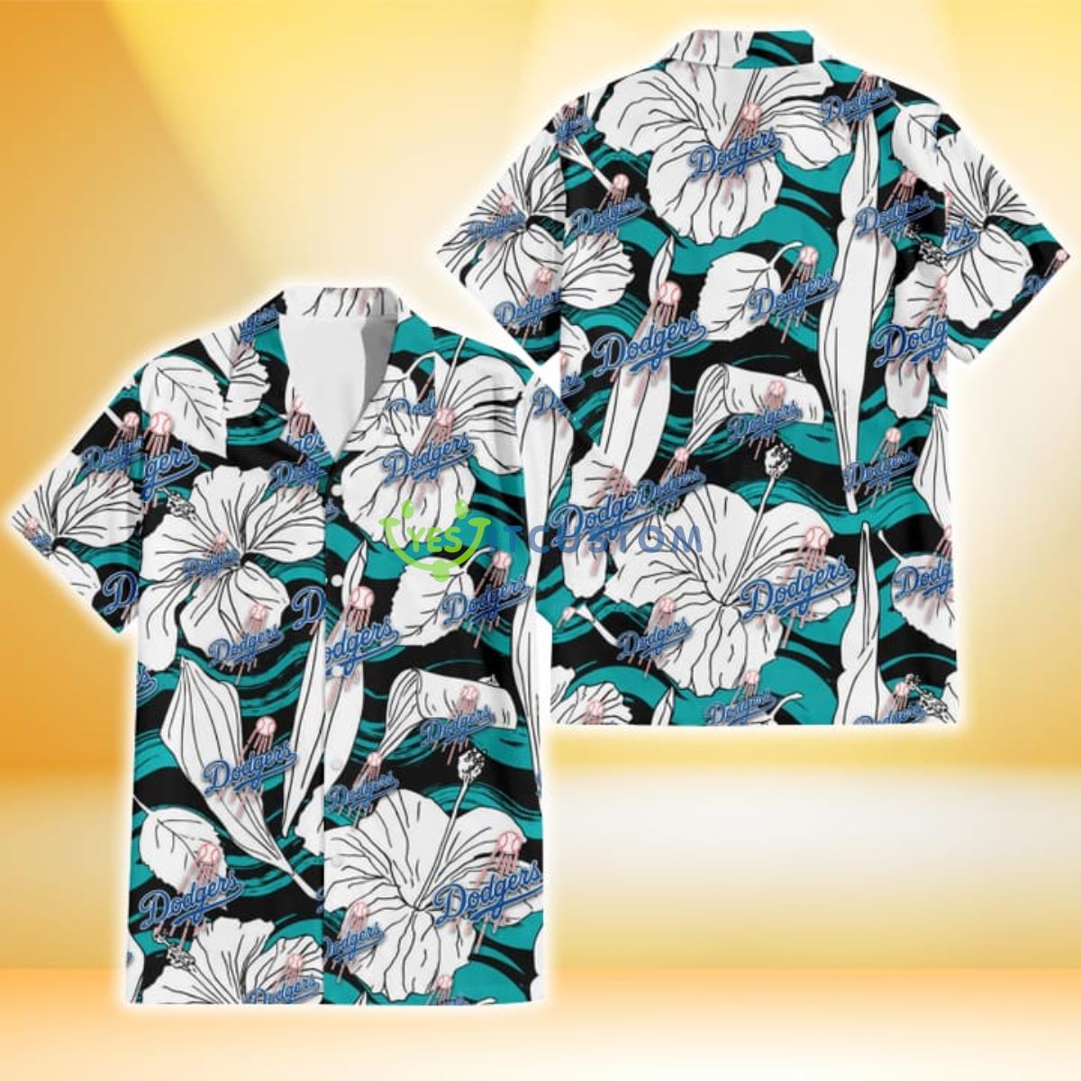 Los Angeles Dodgers White Hibiscus Turquoise Wave Black Background 3D Hawaiian Shirt Gift For Fans Gift For Fans Product Photo 1