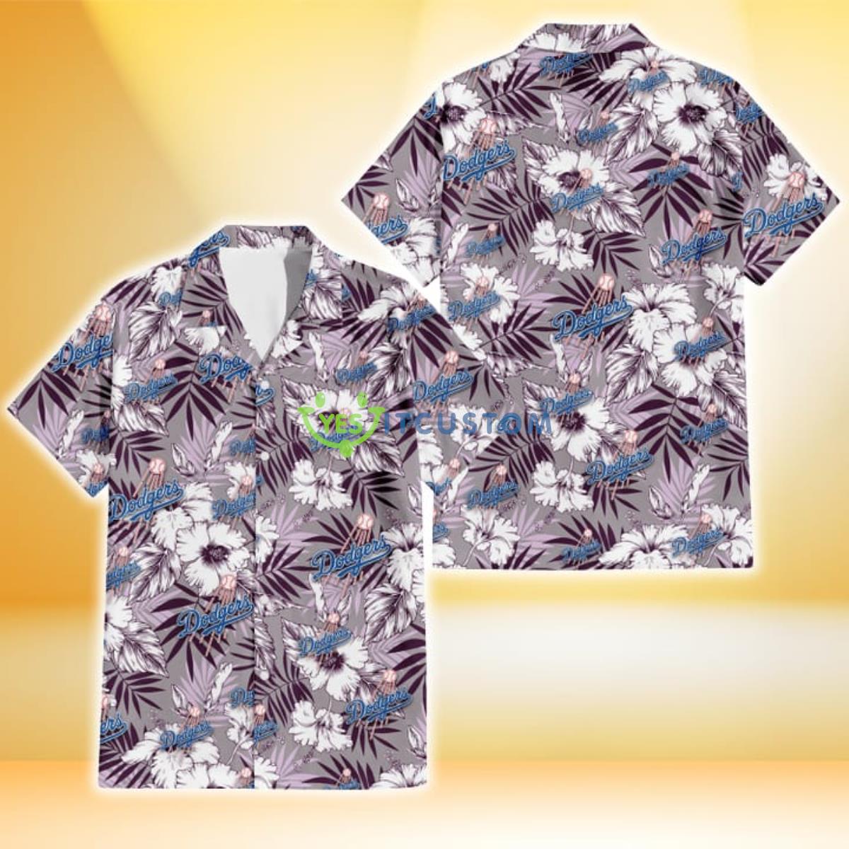 Los Angeles Dodgers White Hibiscus Violet Leaves Light Grey Background 3D Hawaiian Shirt Gift For Fans Gift For Fans Product Photo 1