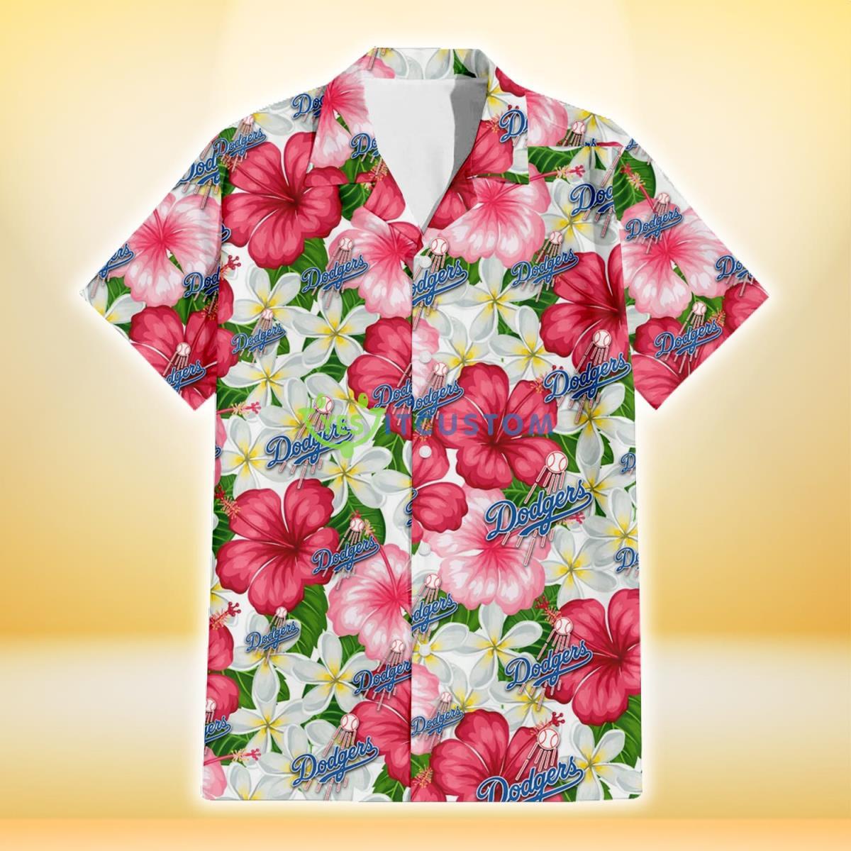 Los Angeles Dodgers White Porcelain Flower Pink Hibiscus White Background 3D Hawaiian Shirt Gift For Fans Gift For Fans Product Photo 2