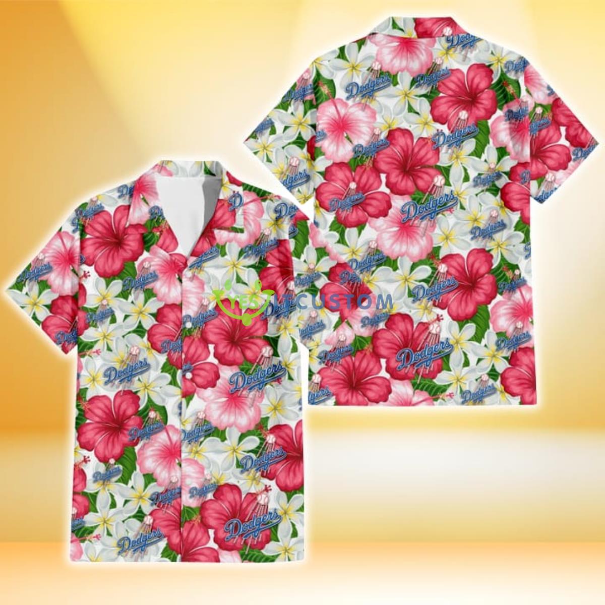 Los Angeles Dodgers White Porcelain Flower Pink Hibiscus White Background 3D Hawaiian Shirt Gift For Fans Gift For Fans Product Photo 1