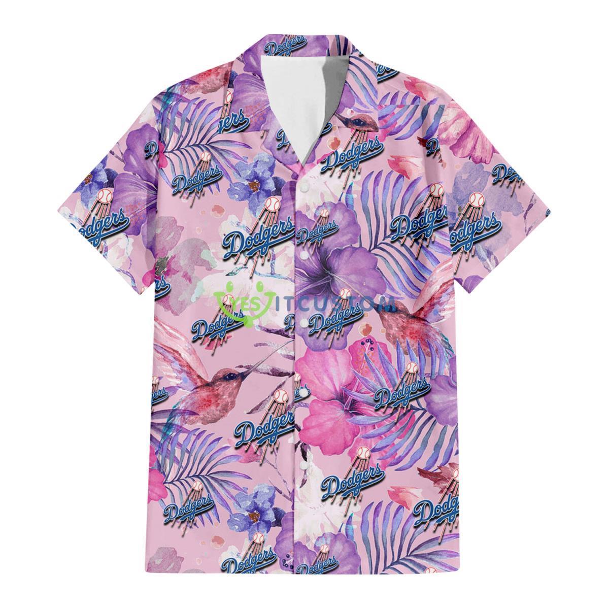 Los Angeles Dodgers White Purple Hibiscus Pink Hummingbird Pink Background 3D Hawaiian Shirt Gift For Fans Gift For Fans Product Photo 2