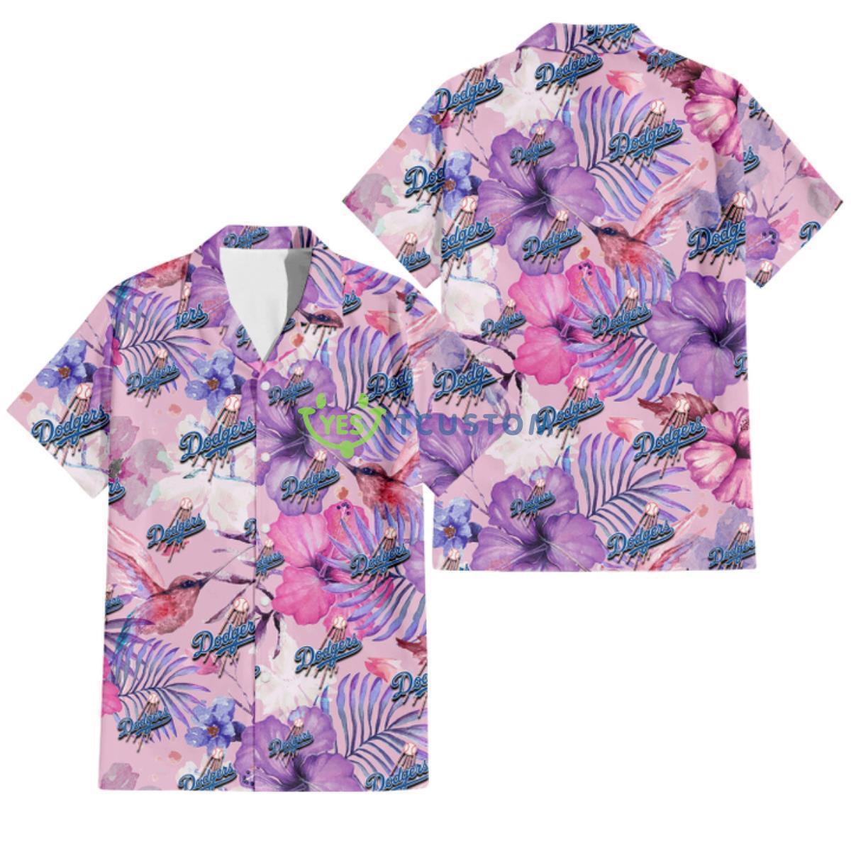Los Angeles Dodgers White Purple Hibiscus Pink Hummingbird Pink Background 3D Hawaiian Shirt Gift For Fans Gift For Fans Product Photo 1