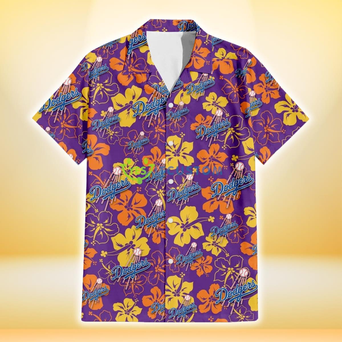 Los Angeles Dodgers Yellow And Orange Hibiscus Purple Background 3D Hawaiian Shirt Gift For Fans Gift For Fans Product Photo 2