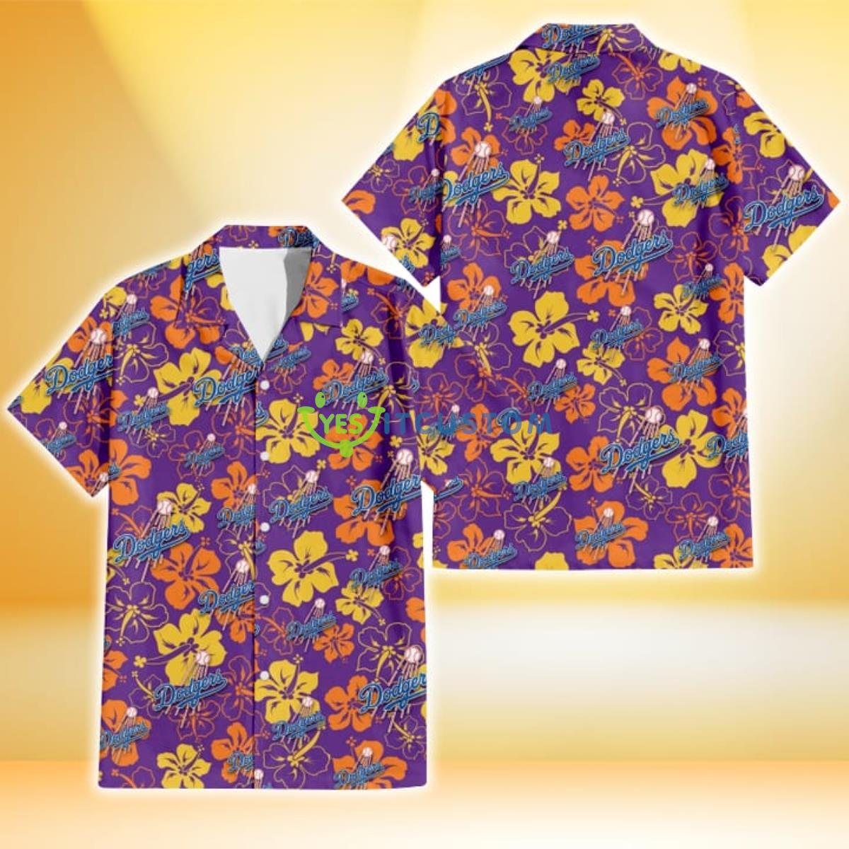 Los Angeles Dodgers Yellow And Orange Hibiscus Purple Background 3D Hawaiian Shirt Gift For Fans Gift For Fans Product Photo 1