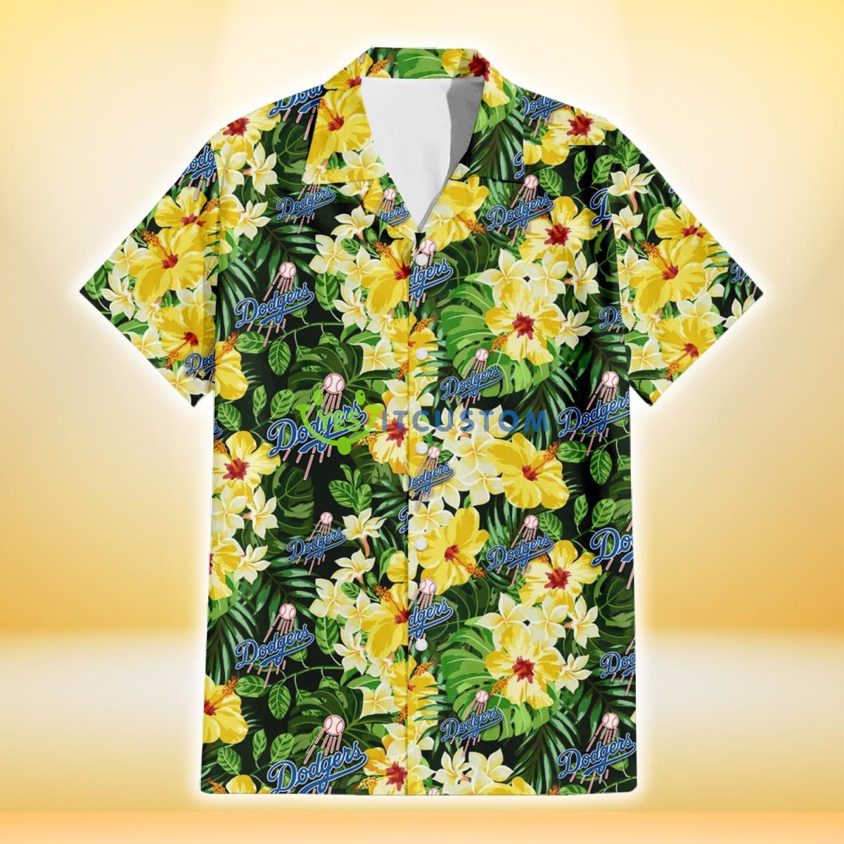 Los Angeles Dodgers Yellow Hibiscus Tropical Green Leaf Black Background 3D Hawaiian Shirt Gift For Fans Gift For Fans Product Photo 2