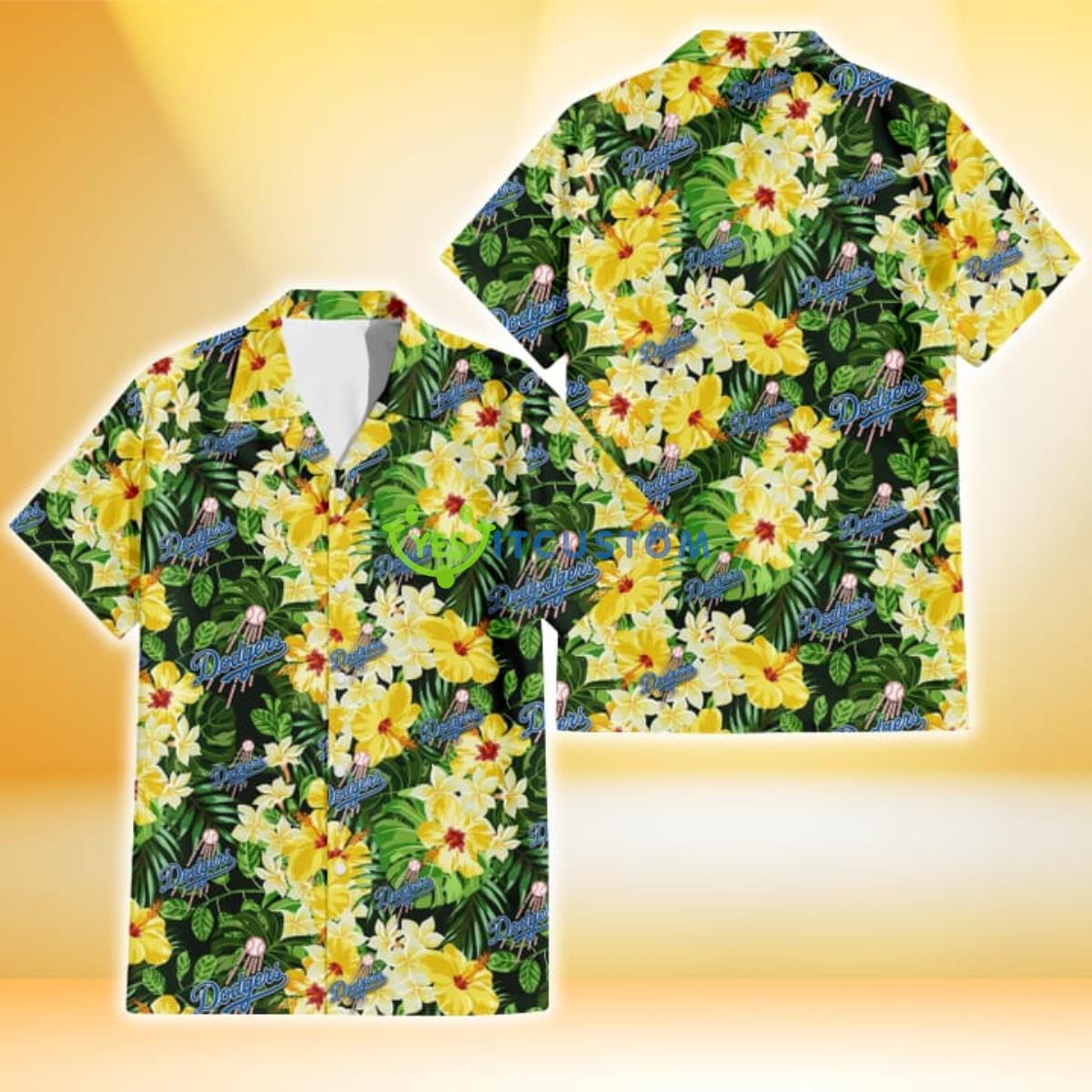 Los Angeles Dodgers Yellow Hibiscus Tropical Green Leaf Black Background 3D Hawaiian Shirt Gift For Fans Gift For Fans Product Photo 1