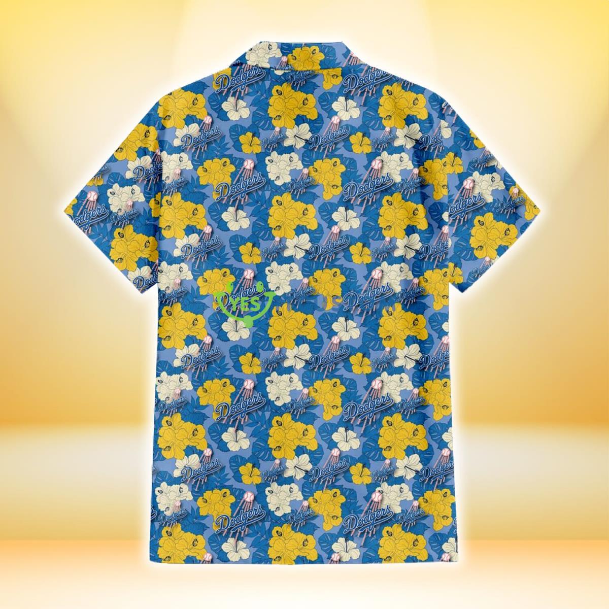 Los Angeles Dodgers Yellow White Hibiscus Powder Blue Background 3D Hawaiian Shirt Gift For Fans Gift For Fans 3 Los Angeles Dodgers Yellow White Hibiscus Powder Blue Background 3D Hawaiian Shirt Gift For Fans Gift For Fans Product Photo 3