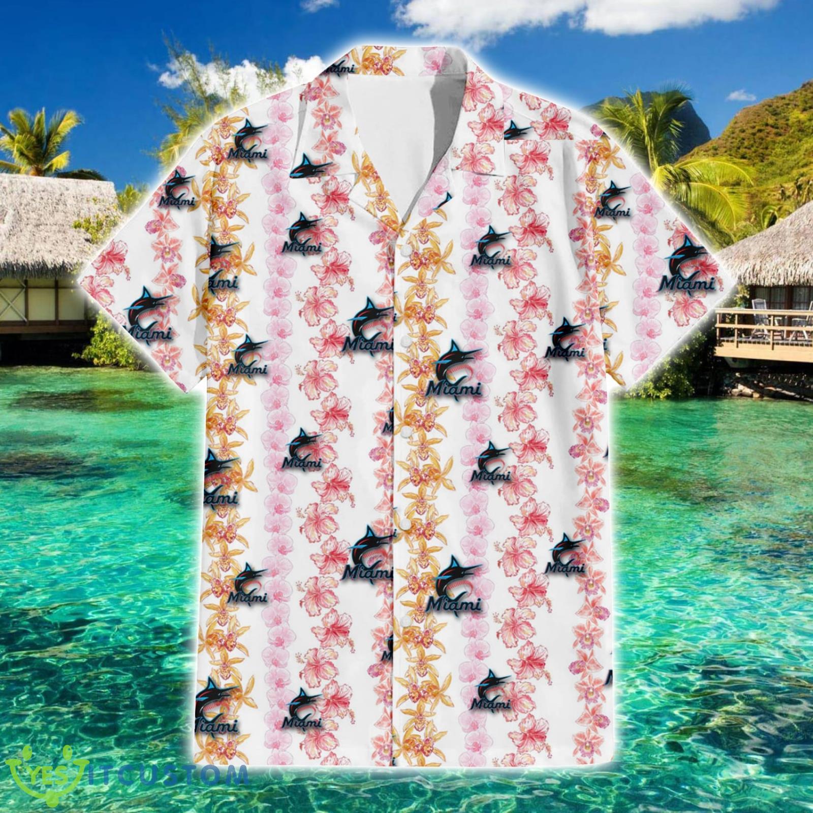 Miami Marlins Pink Hibiscus Yellow Pink Orchid Pattern Beach Gift 3D Hawaiian Shirt 7 Miami Marlins Pink Hibiscus Yellow Pink Orchid Pattern Beach Gift 3D Hawaiian Shirt Product Photo 2