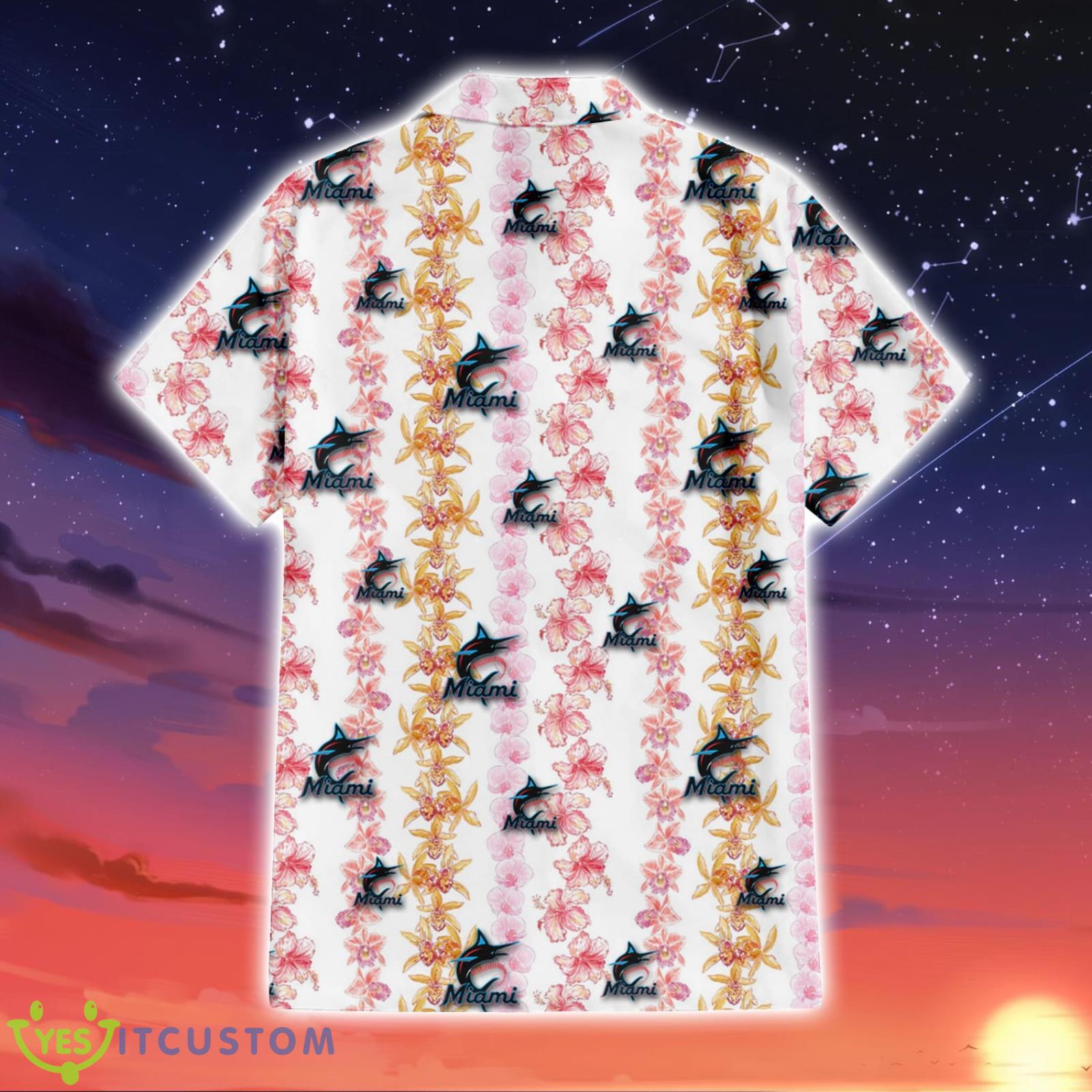 Miami Marlins Pink Hibiscus Yellow Pink Orchid Pattern Beach Gift 3D Hawaiian Shirt 3 Miami Marlins Pink Hibiscus Yellow Pink Orchid Pattern Beach Gift 3D Hawaiian Shirt Product Photo 3