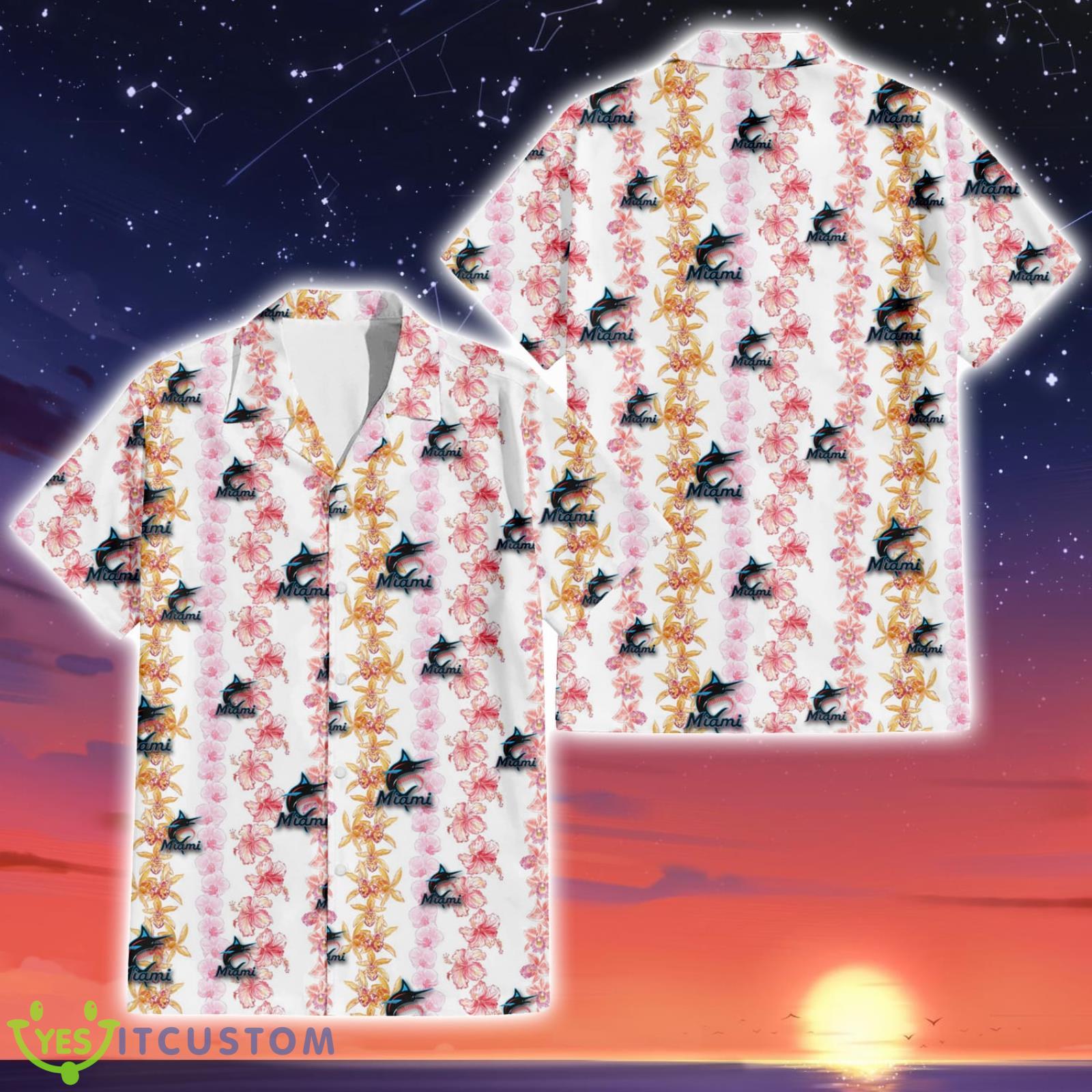 Miami Marlins Pink Hibiscus Yellow Pink Orchid Pattern Beach Gift 3D Hawaiian Shirt 6 Miami Marlins Pink Hibiscus Yellow Pink Orchid Pattern Beach Gift 3D Hawaiian Shirt Product Photo 1